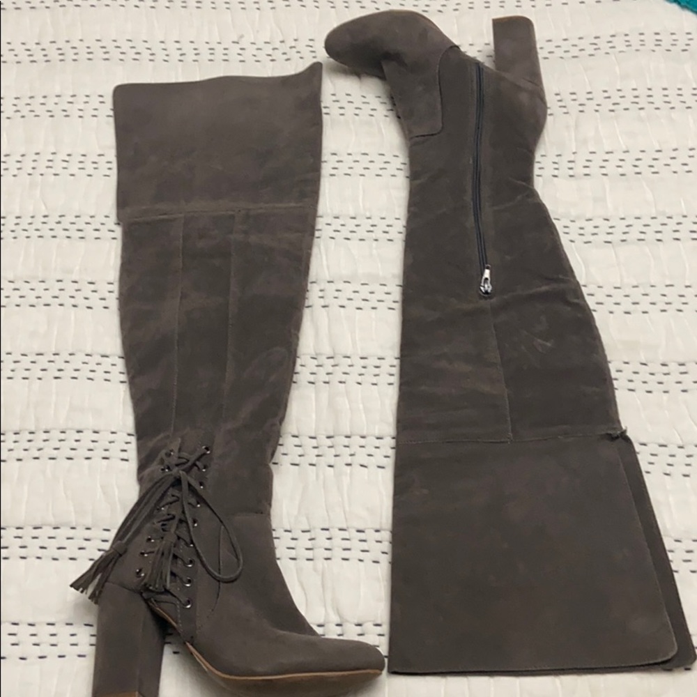 Gray thigh high boots